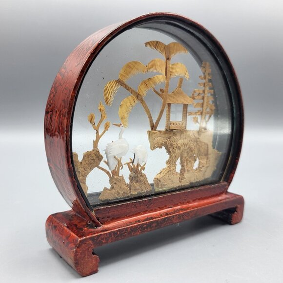 Vtg Chinese Hand Carved Cork Diorama Cranes Black Lacquer Art Stand 4" x 3.75" - Picture 7 of 16